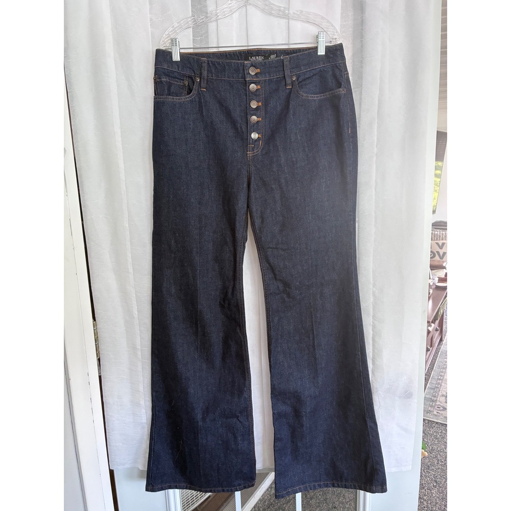 Lauren Ralph Lauren Dark Wash High Rise Button Fly Flare Jeans Navy Blue 12